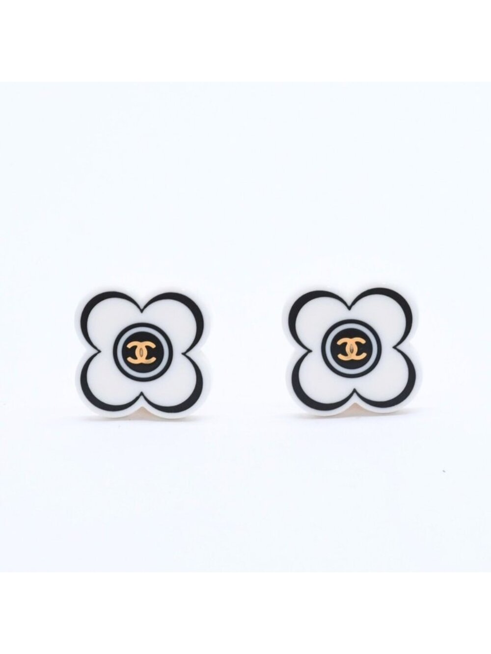 Chanel CC Logo Earrings 02 Flower Motif Camellia White Black Resin